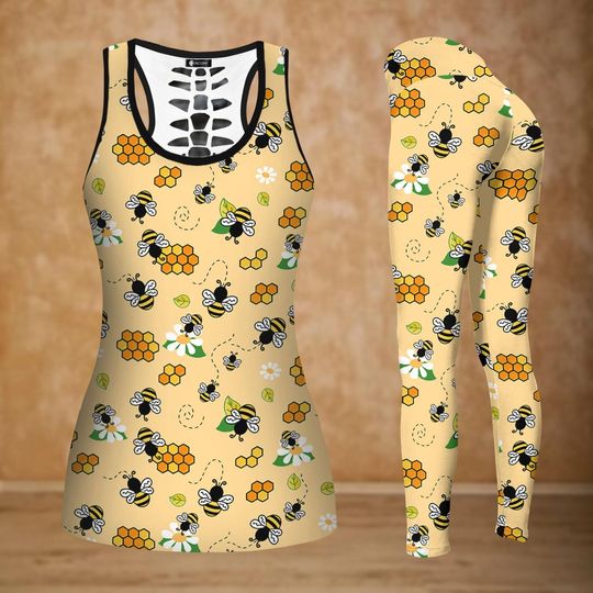 Cute Bee Tank Top, Cute Women Legging, Honeycomb Workout Outfit, Bumblebee Floral Yoga Pant, Vacation Summer Trip Merch, Gift For Her
