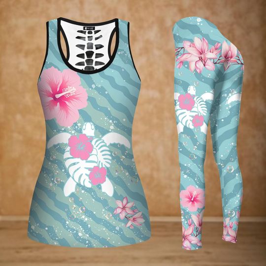 Sea Turtle And Hibiscus Tank Top, Cute Women Legging, Tropical Floral Workout Outfit, Beach Lover Yoga Pant, Birthday Gift For Her