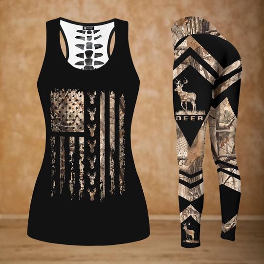 Camo Deer Flag Tank Top, American Buck Women Legging, Patriotic Women Yoga Pant, Country Girl Workout Shirt, Birthday Gift For Her