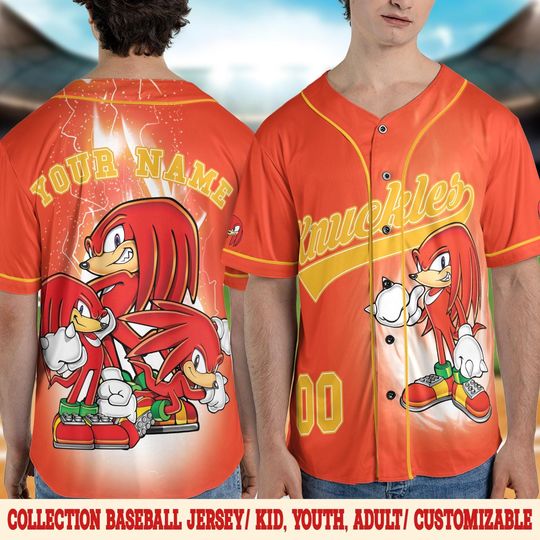 Custom Sonic Hedgehog Knuckles Baseball Jersey, Personalized Knuckles Baseball Jersey, Sonic Party Jersey, Sonic Birthday Gift