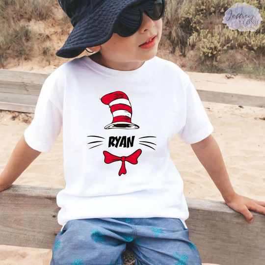Back to School Kids T-Shirt, Custom Name Seuss Geisel Cat in Stovepipe Hat, First Day of School Outfit for Boys and Girls