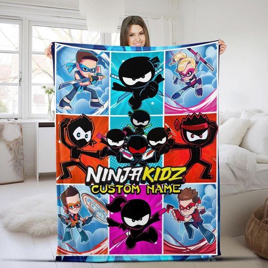 Personalized Ninja Kidz TV Family Blanket, Custom Name Baby Blanket, Birthday Gift For Kids