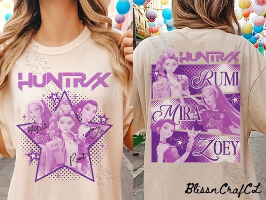 Huntrix 2 sides Shirt, Kpop Demon Hunters Shirt, Saja Girls Fan Shirt, Rumi, Mira, Zoey, Drepy Tee, Demon Hunter Merch, Gift for Huntrix fan
