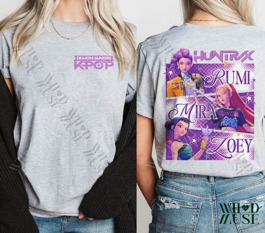 Kpop Huntrix Double-Sided T-Shirt, Demon Hunters Tee, Mira, Rumi, Zoey, Derpy Tiger Design, Gift for Saja Boys Fans