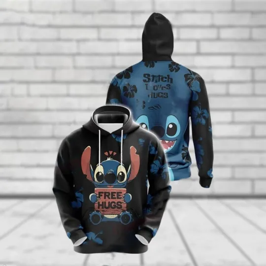 Cute Stitch Love Hugs Free Hugs Halloween Hibiscus Flowers Hoodie 3D Printed