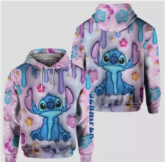 Personalized Cute Stitch Ohana Means Family Hibiscus Flowers 3D HOODIE US  SIZE