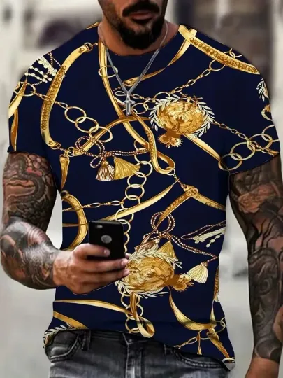 T-Shirt Baroque Golden Gold Chain Navy Blue Novelty Fashion Men Short Sleeve Tee