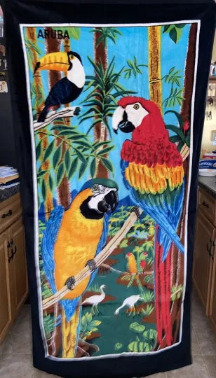 Vintage Beach Towel Parrot Macaw Aruba Rainforest 100% Cotton TF