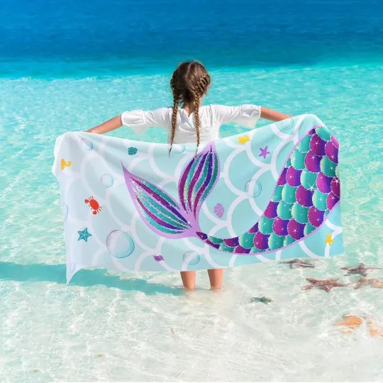 Mermaid Kids Beach Towel for Girls - 30” X 60” Mermaid Sand Free Swim Towels for