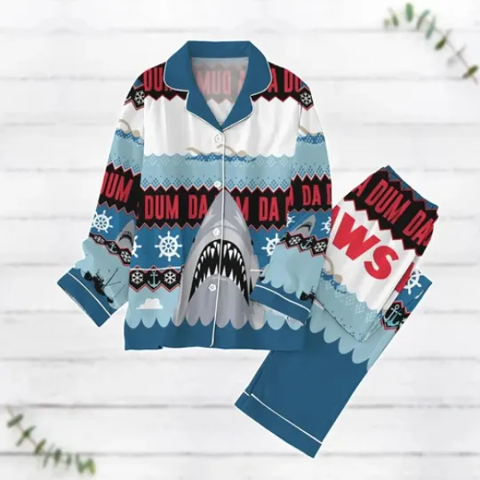 Christmas Jaws Pajamas Set, Luxury Silk Pajamas Soft Sleepwear For Women