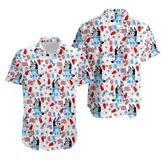 BlueyDad 4th of July Hawaiian Shirt Floral Design for Men and Youth