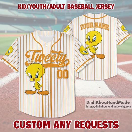 Personalized Tweety Baseball Jersey, Custom Looney Tunes Tweety Jersey Shirt, Looney Tunes Baseball Jersey Teams