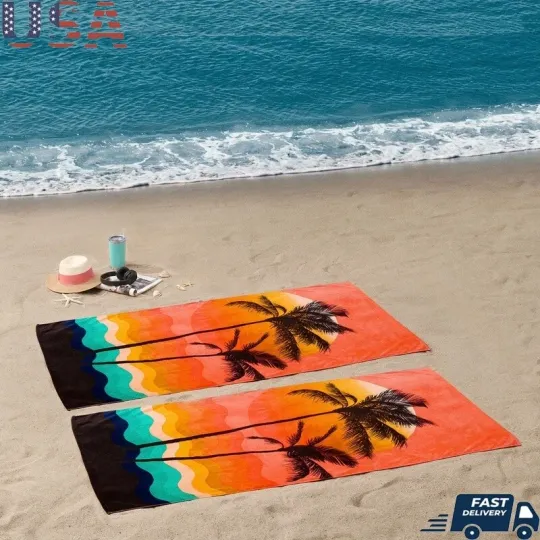 Oversized Beach Towels Set 2 Cotton Blend Lightweight Palm Print Hanging Loop US