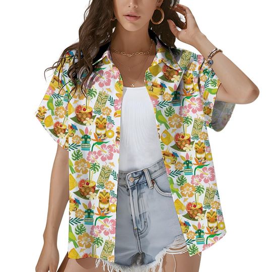 Floral Tiki Hawaiian Shirt for Women, Tropical Tiki And Flower Shirt Short Sleeve Button Down Shirt, Aloha Tiki Women's Shirt