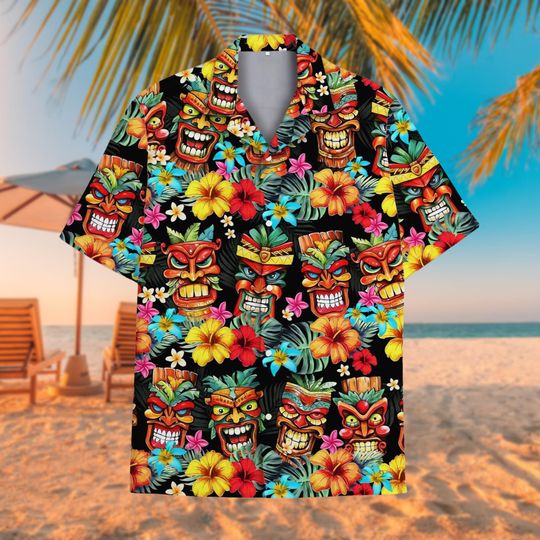 Tropical Tiki Hawaiian Shirt, Summer Aloha Button-Up, Lightweight Short-Sleeve, Tiki Themed Apparel