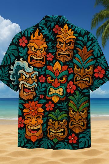 Vintage Aloha Tiki Hawaiian Shirt for Men, Tropical Floral Print Summer Shirt