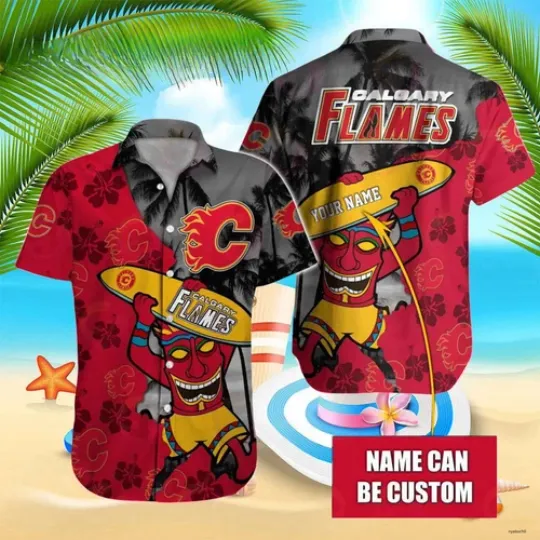 Personalized Calgary Flames Tiki Surf Hawaiian Shirt Aloha Beach Shirt Summer