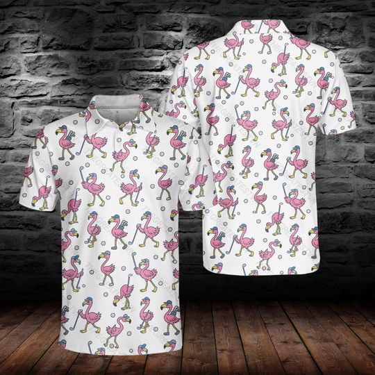 Flamingo Golf Polo Shirt for Men Women, Funny Flamingo Short Sleeve Shirt, Golf Lovers Gift, Sport Team Outfit, Shirt for Golfer