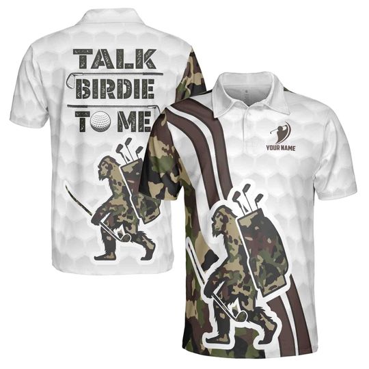 Funny Sasquach Golfing Big Foot Talk Birdie To Me Camo Men's Polo Shirt
