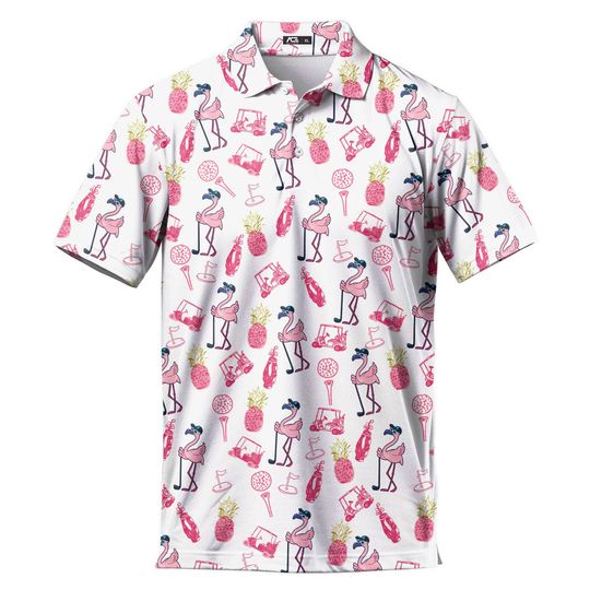 Funny Pink Pineapple Flamingo Golf Polo Shirts For Men Tropical Golf Polos Mens Polo Shirts
