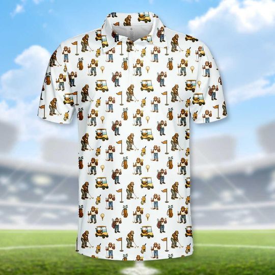 Funny Bigfoot Golf Polo Shirt for Men Women, Tropical Golf Cart Sasquatch Polo, Summer Golfer Gift, Lightweight Golf Outfit