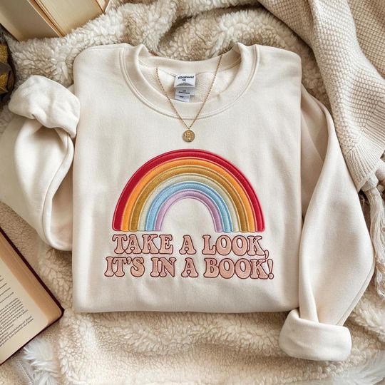 Embroidered Sweatshirt Reading Rainbow, Librarian Shirt, Teacher Appreciation Shirt, Retro Rainbow School Shirt, Book Lover Gift, Bookworm