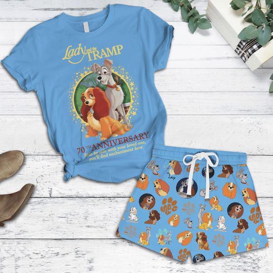 Disney Lady And The Tramp Short Pajama, Disney 70th Anniversary Sleepwear, Disney Cartoon Shorts and Tee, Disney Couple Pajamas Set