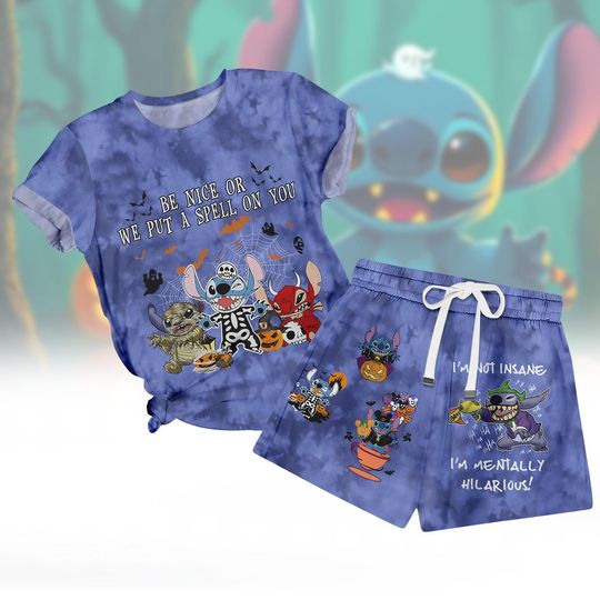 Disney Stitch Halloween Short Pajamas, Stitch Pumpkin Horror T-Shirt Short Set, Scary Movie Pjs Set, Funny Disney Sleepwear Costume