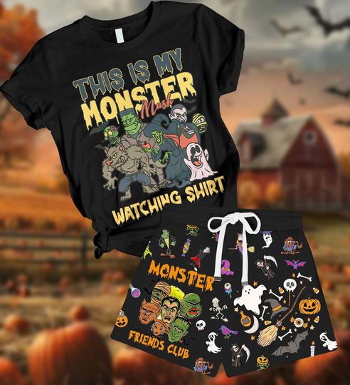 Halloween Monster Guide TShirt Short Set, This Is My Monster Watching Pajamas, Retro Vintage Monster Short, Y2k Monster Horror Sleepwea