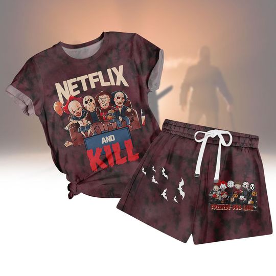 Vintage Horror Characters Halloween Short Pajamas, Horror Nights 2025 T-Shirt Short Set, Trick or Treat Sleepwear, Scary Movie Lounge S