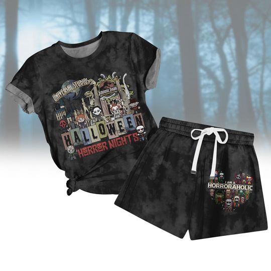 Vintage Horror Characters Halloween Short Pajamas, Horror Nights 2025 T-Shirt Short Set, Trick or Treat Sleepwear, Scary Movie Lounge S
