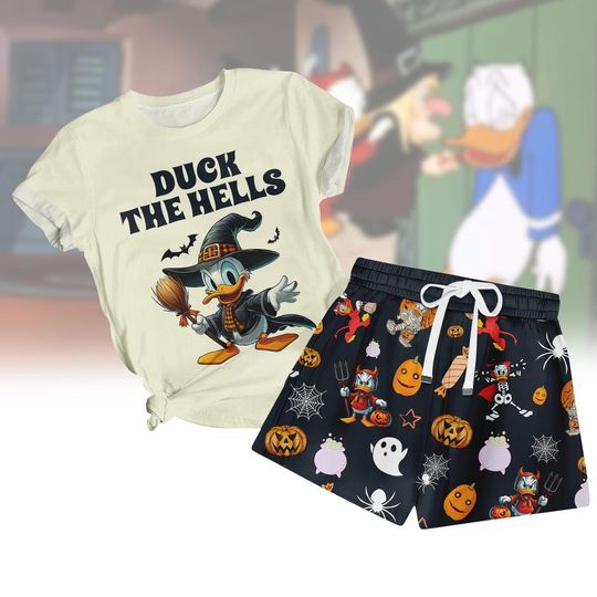 Halloween Duck T-Shirt Short Set, Disney Donald Duck Horror Pajamas, Duck Trick or Treat Sleepwear, Duck Lover Gift, Spooky Season Gift