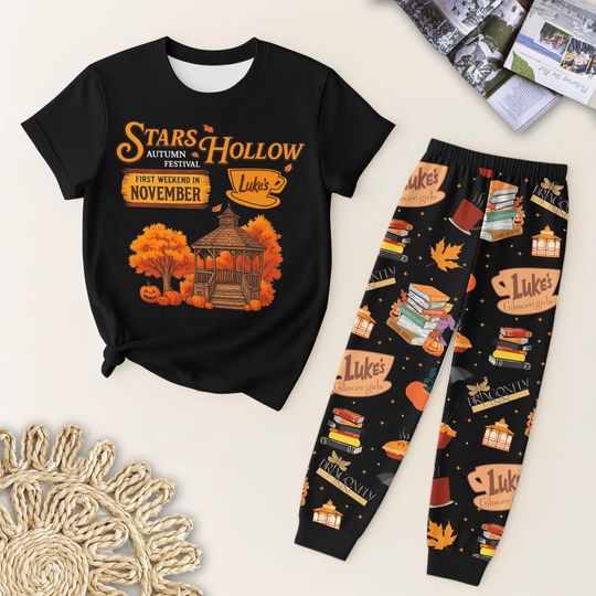 Autumn Festival T-Shirt and Pants Pajamas, Fall Set of Pajamas, Luke's Coffee Tee, Vintage TV Series Clothing, Holiday Apparel