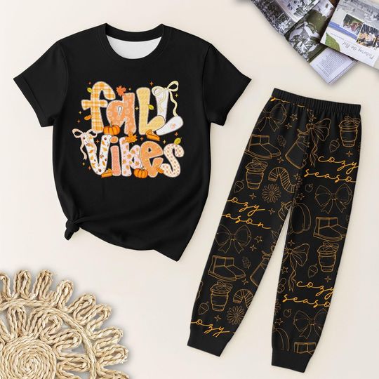 Fall Vibe Pajamas Set, Autumn Women Pajamas, Cozy Season Tee, Pumpkin Spicy Shirt, Fall Vibe Pattern, Holiday Apparel, Halloween Gift