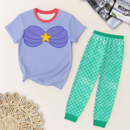 Mermaid Costume Pajamas Set for Kids Adults, Cute Shell Top and Scale Pants Sleepwear, Mermaid Princess Loungewear, Halloween Outfit