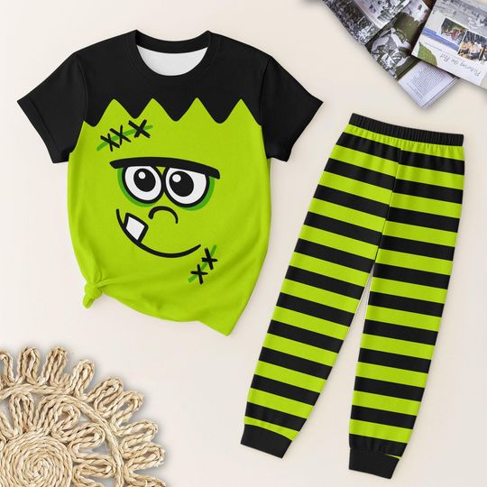 Halloween Monster Pajama Set, Cute Green Monster Sleepwear for Kids and Adults, Spooky Season Gift, Striped Loungewear
