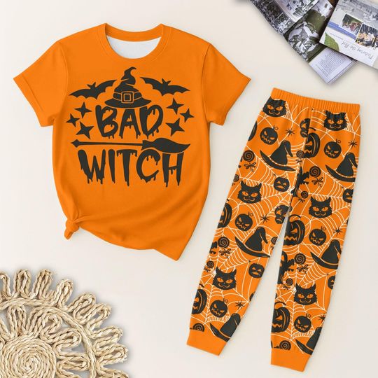 Bad Witch T-Shirt and Pants Pajamas, Halloween Pajamas Set, Bad Witches Club Tee, Holiday Apparel, Fall Season Shirt, Spooky Season Gift