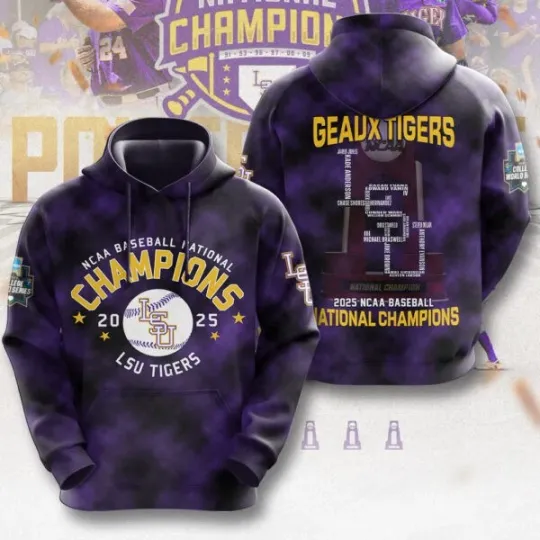 LSU Tigers Baseball 3D Shirt National Champions 2025 NCAA Baseball 3D hoodie