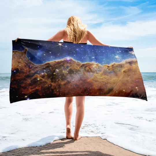 James Webb/JWST space towel: Cosmic Cliffs, Carina Nebula — Space beach Towel