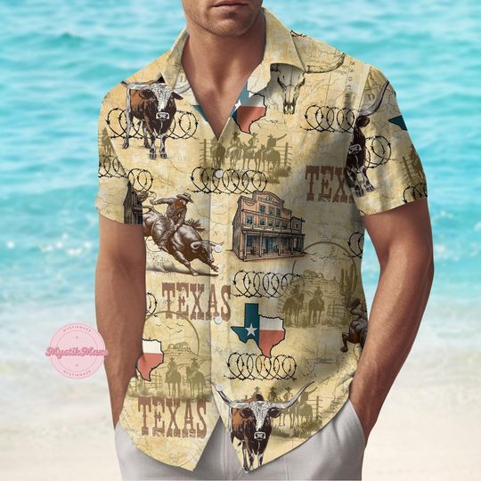 Texas Button Shirt, Cowboy Hawaiian Shirt, Aloha Vibes Shirt, Tropical Short Sleeve Shirt, Western Summer Shirt, Gift For Husband