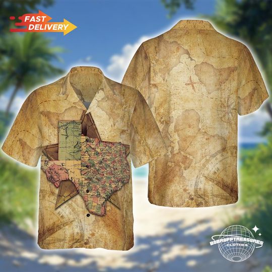Texas State Map Hawaiian Shirt for Men, Compass Pattern Casual Wear, Perfect Texas Gift