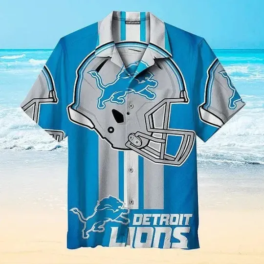 Detroit Lions Hawaiian Shirt - Blue Silver Helmet Aloha Shirt