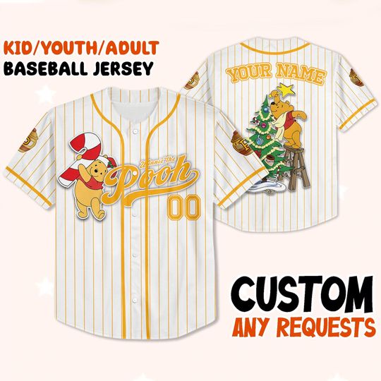 Custom Winnie the Pooh Christmas Baseball Jersey, Kid Youth Adult Holiday Shirt, Personalized Name Number Family Xmas Matching Gift