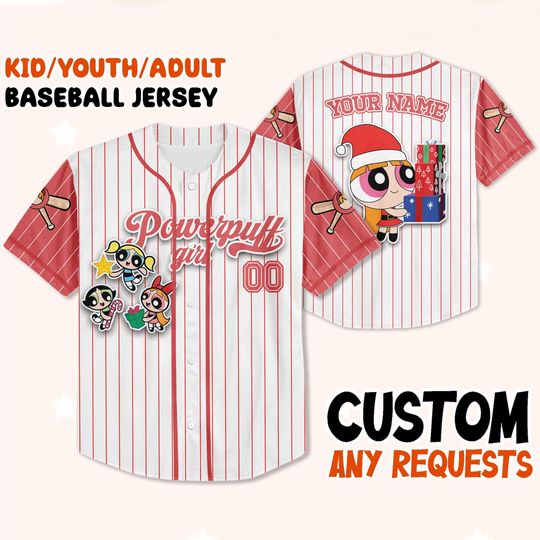 Custom Powerpuff Girls Christmas Baseball Jersey, Kid Youth Adult Holiday Jersey, Personalized Name Number Gift, Xmas Team Shirt
