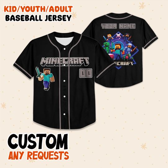 Custom Minecraft Baseball Jersey, Gamer Jersey Shirt, Personalized Kids Gaming Jersey, Minecraft Birthday Outfit, Youth Gamer Gift Tee