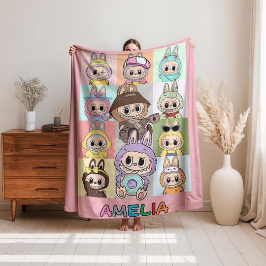 Personalized Labubu Fleece Blanket, Custom Name Flannel Blanket, Cute Cartoon Labubu Gift for Kids