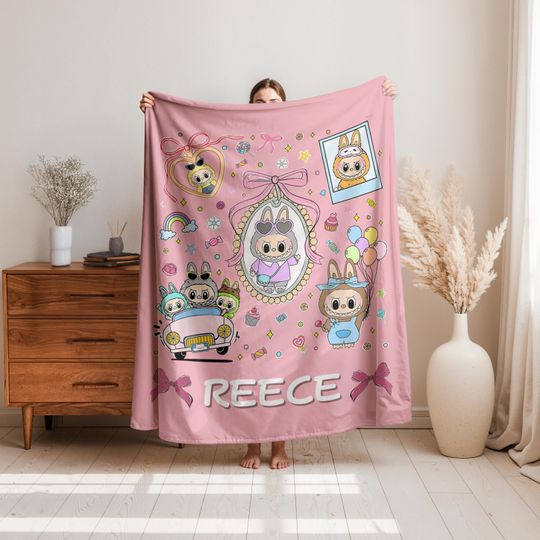 Custom Labubu Fleece Blanket, Personalized Cute Labubu Blanket with Name, Labubu Cartoon Character Blanket for Kids, Birthday Gift for Labubu Lovers