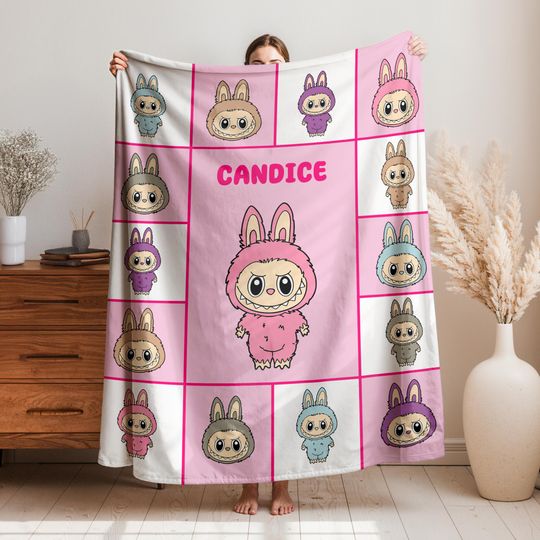 Custom Flannel Labubu Blanket, Personalized Cute Labubu Blanket, Pink Blue Kid Blanket for Girls