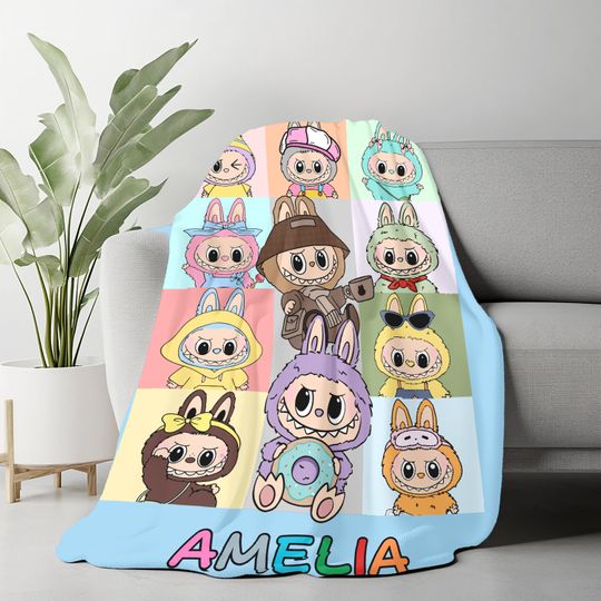 Personalized Labubu Fleece Blanket, Custom Flannel Blanket with Name, Cute Labubu Gift for Kids