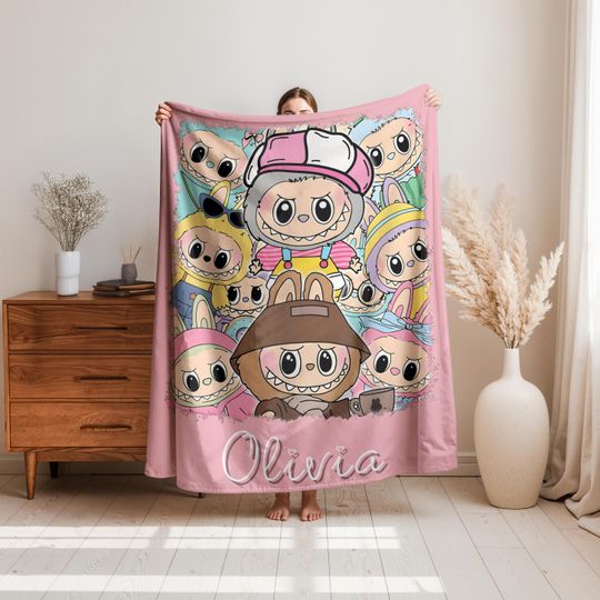 Personalized Labubu Fleece Blanket, Custom Flannel Blanket with Name, Cute Labubu Gift for Kids